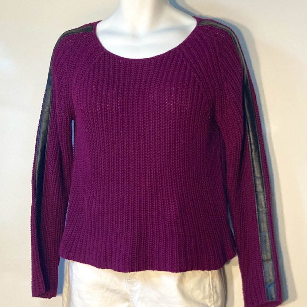 Bisou Bisou SZ L Purple Chunky Boxy Sweater Leather Trim 90's Retro Edgy Y2K